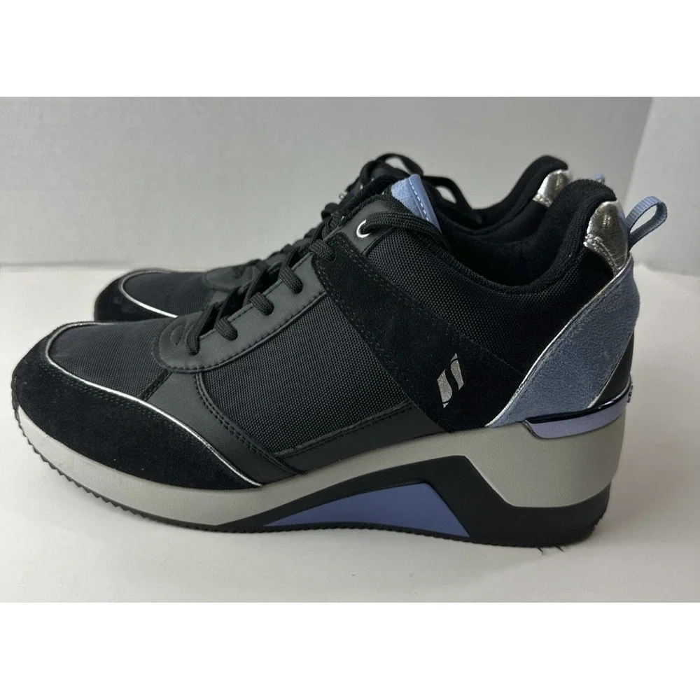 Skechers Million High N Fly Wedge Sneakers Women's Size 11 Black Blue Lace Shoes - Picture 2 of 15
